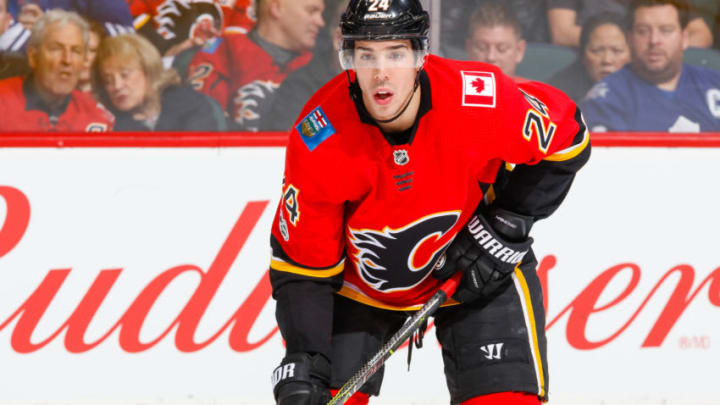 CALGARY, AB - NOVEMBER 28: Travis Hamonic #24 of the Calgary Flames in an NHL game against the Toronto Maple Leafs at the Scotiabank Saddledome on November 28, 2017 in Calgary, Alberta, Canada. (Photo by Gerry Thomas/NHLI via Getty Images)