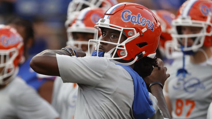 Sep 25, 2021; Gainesville, Florida, USA; Florida Gators quarterback Emory Jones (5) throws the ball prior to the game against the Tennessee Volunteers at Ben Hill Griffin Stadium. Mandatory Credit: Kim Klement-USA TODAY Sports