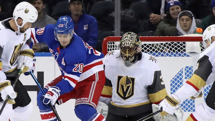 NEW YORK, NEW YORK - DECEMBER 02: Malcolm Subban #30 of the Vegas Golden Knights defends the net against Chris Kreider #20 of the New York Rangers during the third period at Madison Square Garden on December 02, 2019 in New York City. The Golden Knights defeated the Rangers 4-1. (Photo by Bruce Bennett/Getty Images)