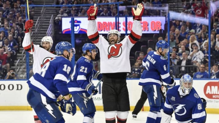 TAMPA, FL - APRIL 21: New Jersey Devils left wing Patrick Maroon (17) celebrates his goal that brings the Devils within one goal with three minutes remaining during the third period of an NHL Stanley Cup Eastern Conference Playoffs between the New Jersey Devils and the Tampa Bay Lightning on April 21, 2018, at Amalie Arena in Tampa, FL. The Lightning defeated the Devils 3-1 to win the first round series 4-1. (Photo by Roy K. Miller/Icon Sportswire via Getty Images)