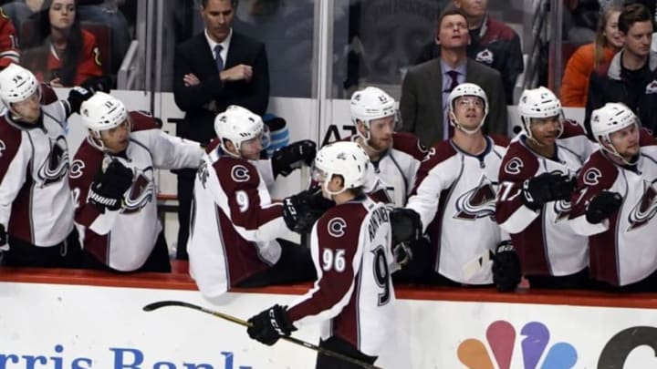 Dec 23, 2016; Chicago, IL, USA; Colorado Avalanche right wing Mikko Rantanen (96) celebrates his goal against the Chicago Blackhawks with his teammates during the third period at the United Center. The Avalanche won 2-1 in overtime. Mandatory Credit: David Banks-USA TODAY Sports