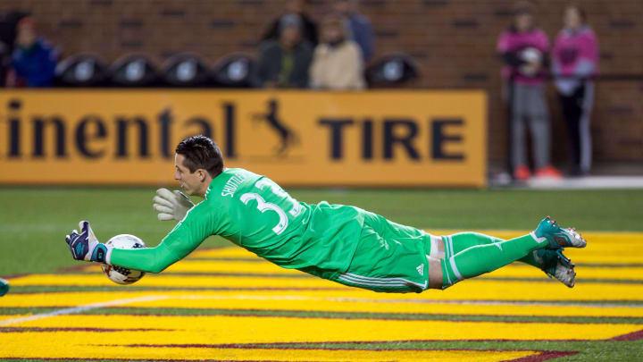 Apr 29, 2017; Minneapolis, MN, USA; Minnesota United goalie Bobby Shuttleworth (33) makes a save in the second half against the San Jose Earthquakes at TCF Bank Stadium. Mandatory Credit: Brad Rempel-USA TODAY Sports