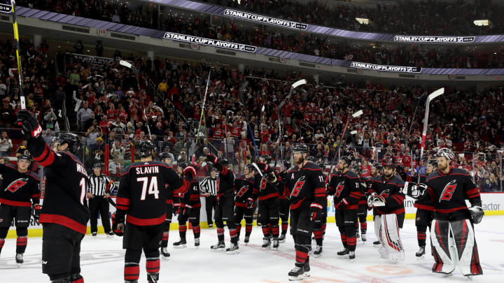 RALEIGH, NORTH CAROLINA – MAY 16: The Carolina Hurricanes react after being defeated by the Boston Bruins in Game Four of the Eastern Conference Finals during the 2019 NHL Stanley Cup Playoffs at PNC Arena on May 16, 2019 in Raleigh, North Carolina. (Photo by Bruce Bennett/Getty Images)