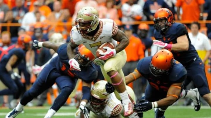 Oct 11, 2014; Syracuse, NY, USA; Florida State Seminoles running back Mario Pender (7) runs with the ball against the Syracuse Orange during the first quarter at the Carrier Dome. Mandatory Credit: Rich Barnes-USA TODAY Sports