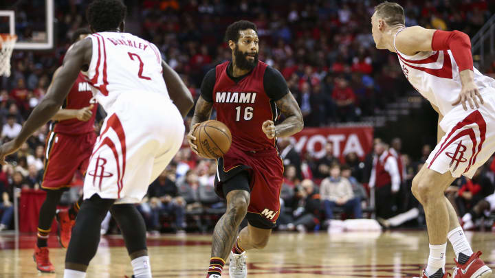 Feb 15, 2017; Houston, TX, USA; Miami Heat forward James Johnson (16) dribbles the ball during the second quarter against the Houston Rockets at Toyota Center. Mandatory Credit: Troy Taormina-USA TODAY Sports