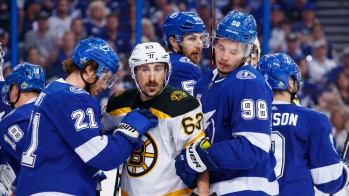 TAMPA, FL - APRIL 28: Brad Marchand #63 of the Boston Bruins skates against the Tampa Bay Lightning during Game One of the Eastern Conference Second Round during the 2018 NHL Stanley Cup Playoffs at Amalie Arena on April 28, 2018 in Tampa, Florida. (Photo by Scott Audette/NHLI via Getty Images)"n