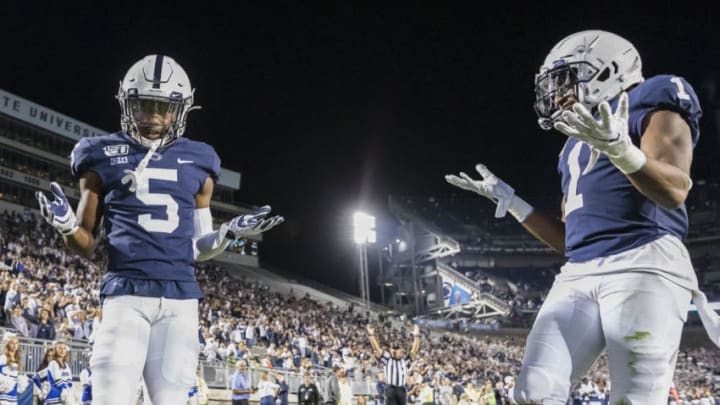 STATE COLLEGE, PA - SEPTEMBER 07: Jahan Dotson #5 of the Penn State Nittany Lions celebrates with KJ Hamler #1 after scoring a touchdown against the Buffalo Bulls during the second half at Beaver Stadium on September 07, 2019 in State College, Pennsylvania. (Photo by Scott Taetsch/Getty Images)