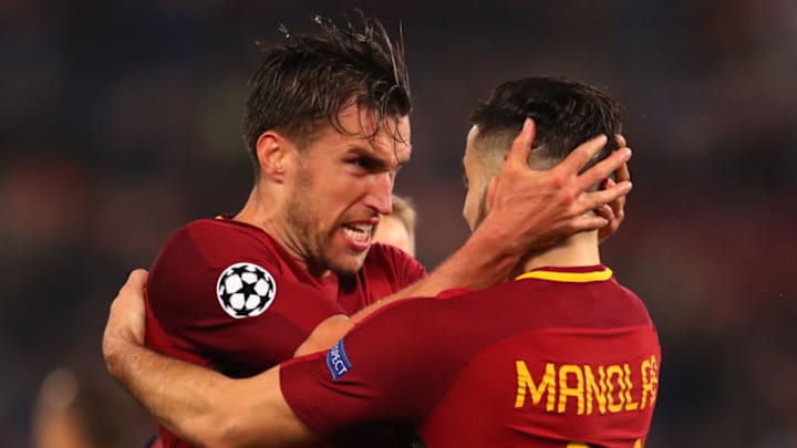 ROME, ITALY - APRIL 10: Kevin Strootman of AS Roma and Kostas Manolas of AS Roma celebrate at the full time whistle during the UEFA Champions League Quarter Final Second Leg match between AS Roma and FC Barcelona at Stadio Olimpico on April 10, 2018 in Rome, Italy. (Photo by Catherine Ivill/Getty Images)