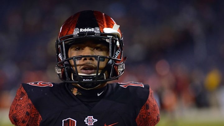 Nov 14, 2015; San Diego, CA, USA; San Diego State Aztecs running back Donnel Pumphrey (19) looks on before the game against the Wyoming Cowboys at Qualcomm Stadium. Mandatory Credit: Jake Roth-USA TODAY Sports Nov 14, 2015; San Diego, CA, USA; San Diego State Aztecs running back Donnel Pumphrey (19) looks on before the game against the Wyoming Cowboys at Qualcomm Stadium. Mandatory Credit: Jake Roth-USA TODAY Sports