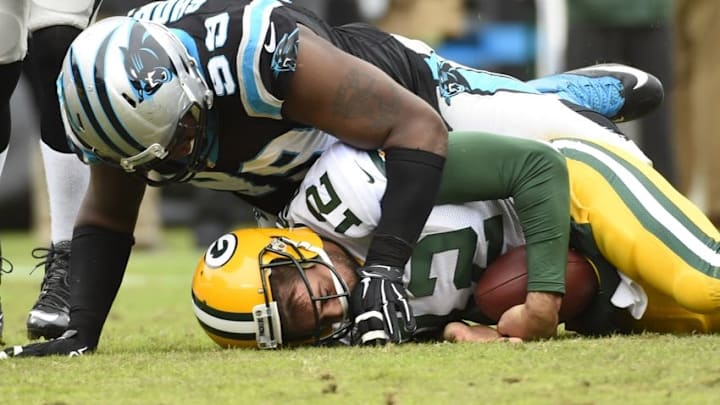 Nov 8, 2015; Charlotte, NC, USA; Carolina Panthers defensive tackle Kawann Short (99) sacks Green Bay Packers quarterback Aaron Rodgers (12) in the second quarter at Bank of America Stadium. Mandatory Credit: Bob Donnan-USA TODAY Sports
