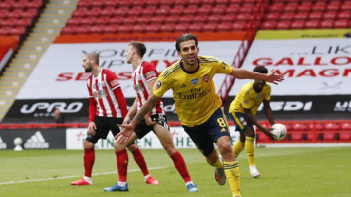 SHEFFIELD, ENGLAND – JUNE 28: Dani Ceballos of Arsenal celebrates after scoring his teams second goal during the FA Cup Fifth Quarter Final match between Sheffield United and Arsenal FC at Bramall Lane on June 28, 2020 in Sheffield, England. (Photo by Andrew Boyers/Pool via Getty Images)