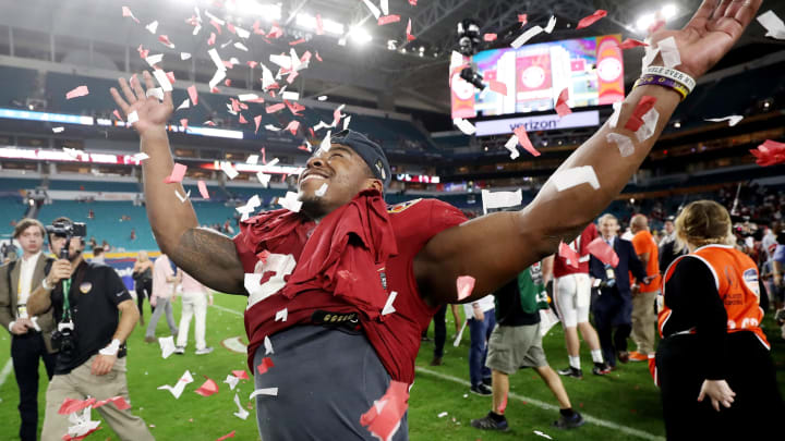 MIAMI, FL – DECEMBER 29: Damien Harris #34 of the Alabama Crimson Tide celebrates the win over the Oklahoma Sooners during the College Football Playoff Semifinal at the Capital One Orange Bowl at Hard Rock Stadium on December 29, 2018 in Miami, Florida. (Photo by Streeter Lecka/Getty Images)