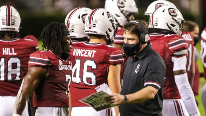 Nov 7, 2020; Columbia, South Carolina, USA; South Carolina Gamecocks head coach Will Muschamp directs his team against the Texas A&M Aggies in the second quarter at Williams-Brice Stadium. Mandatory Credit: Jeff Blake-USA TODAY Sports