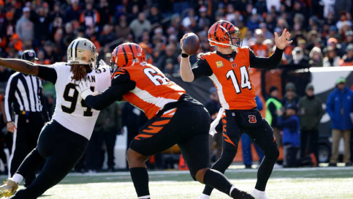 CINCINNATI, OH - NOVEMBER 11: Andy Dalton #14 of the Cincinnati Bengals throws a touchdown pass to John Ross #15 during the first quarter of the game against the New Orleans Saints at Paul Brown Stadium on November 11, 2018 in Cincinnati, Ohio. (Photo by Joe Robbins/Getty Images)