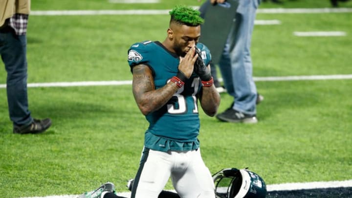 Philadelphia Eagles cornerback Jalen Mills (31) celebrates after defeating  the New England Patriots 41-33 during Super Bowl LII at U.S. Bank Stadium  in Minneapolis, Minnesota on February 4, 2018. The Eagles secured their  first Super Bowl win. Photo by