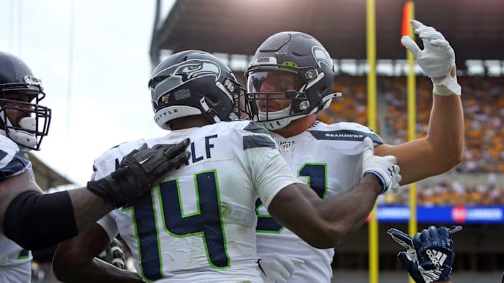 PITTSBURGH, PA – SEPTEMBER 15: D.K. Metcalf #14 of the Seattle Seahawks celebrates with Nick Vannett #81 after scoring on a 28-yard touchdown pass in the fourth quarter against the Pittsburgh Steelers on September 15, 2019 at Heinz Field in Pittsburgh, Pennsylvania. (Photo by Justin K. Aller/Getty Images)