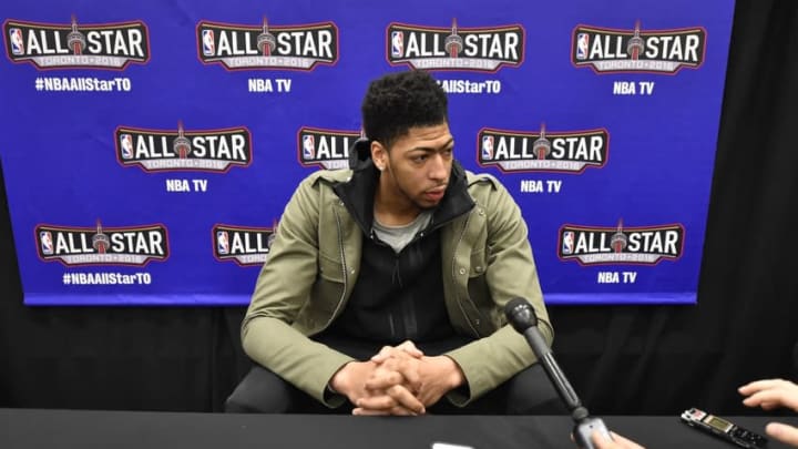 Feb 12, 2016; Toronto, Ontario, Canada; Western Conference center Anthony Davis of the New Orleans Pelicans (23) speaks during media day for the 2016 NBA All Star Game at Sheraton Centre. Mandatory Credit: Bob Donnan-USA TODAY Sports