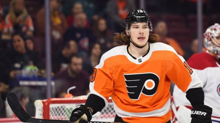 PHILADELPHIA, PA - MARCH 19: Philadelphia Flyers Center Nolan Patrick (19) looks on during the game between the Montreal Canadiens and the Philadelphia Flyers on March 19, 2019 at Wells Fargo Center in Philadelphia, PA.(Photo by Andy Lewis/Icon Sportswire via Getty Images)
