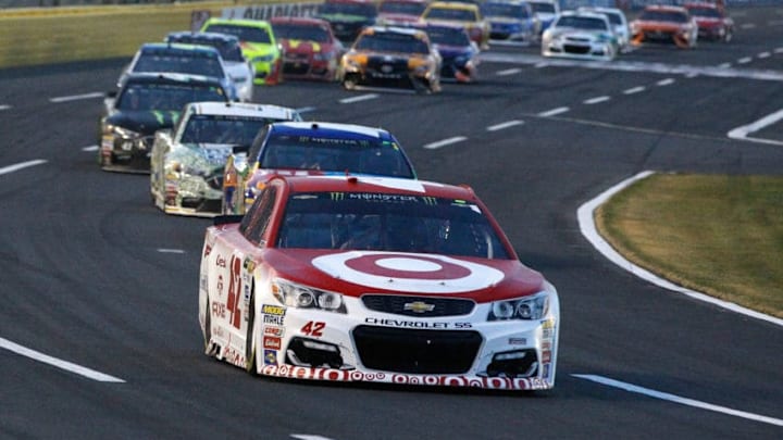 CHARLOTTE, NC - MAY 20: Kyle Larson, driver of the #42 Target Chevrolet, leads a pack of cars during the Monster Energy NASCAR All Star Race at Charlotte Motor Speedway on May 20, 2017 in Charlotte, North Carolina. (Photo by Brian Lawdermilk/Getty Images)