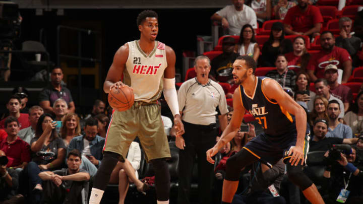 MIAMI, FL - NOVEMBER 12: Hassan Whiteside #21 of the Miami Heat handles the ball against the Utah Jazz on November 12, 2016 at American Airlines Arena in Miami, Florida. NOTE TO USER: User expressly acknowledges and agrees that, by downloading and or using this Photograph, user is consenting to the terms and conditions of the Getty Images License Agreement. Mandatory Copyright Notice: Copyright 2016 NBAE (Photo by Issac Baldizon/NBAE via Getty Images)