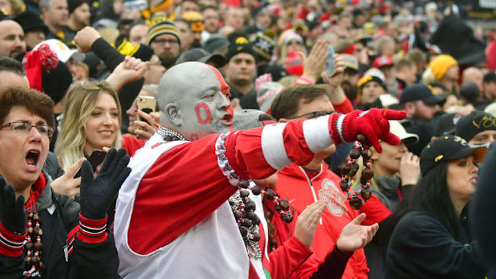 IOWA CITY, IA - NOVEMBER 04: A Buckeye fan during a Big Ten Conference football game between the Ohio State Buckeyes and the Iowa Hawkeyes on November 04 2017, at Kinnick Stadium, Iowa City, Ia. (Photo by Keith Gillett/Icon Sportswire via Getty Images)
