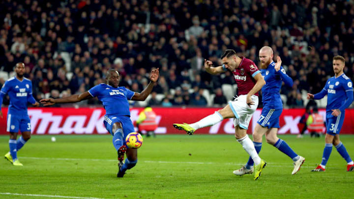 LONDON, ENGLAND - DECEMBER 04: Lucas Perez of West Ham United scores his team's first goal during the Premier League match between West Ham United and Cardiff City at London Stadium on December 4, 2018 in London, United Kingdom. (Photo by Dan Istitene/Getty Images)