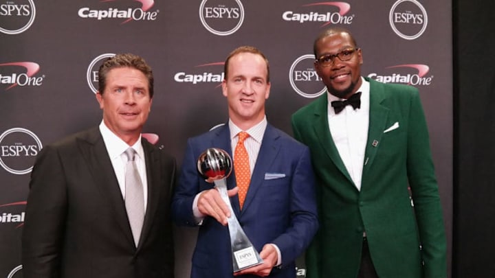 LOS ANGELES, CA - JULY 16: (L-R) Former NFL quarterback Dan Marino, NFL quarterback Peyton Manning and NBA player Kevin Durant backstage at The 2014 ESPY Awards at Nokia Theatre L.A. Live on July 16, 2014 in Los Angeles, California. (Photo by Kevin Mazur/WireImage)