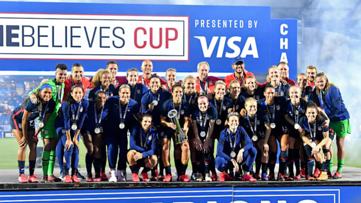 FRISCO, TEXAS - MARCH 11: The United States Women's National team stand on the champions stage after winning the SheBelieves Cup by defeating Japan 3-1 at Toyota Stadium on March 11, 2020 in Frisco, Texas. (Photo by Alika Jenner/Getty Images)