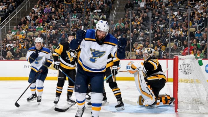 PITTSBURGH, PA - MARCH 16: Pat Maroon #7 of the St. Louis Blues celebrates his second period goal against the Pittsburgh Penguins at PPG Paints Arena on March 16, 2019 in Pittsburgh, Pennsylvania. (Photo by Joe Sargent/NHLI via Getty Images)