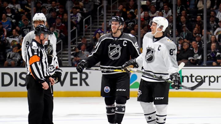 NHL DFS: LOS ANGELES, CA - JANUARY 29: Connor McDavid #97 of the Edmonton Oilers and Sidney Crosby #87 of the Pittsburgh Penguins stand on the ice during the 2017 Honda NHL All-Star Tournament Final between the Pacific Division All-Stars and the Metropolitan Division All-Stars at Staples Center on January 29, 2017 in Los Angeles, California. (Photo by Bruce Bennett/Getty Images)