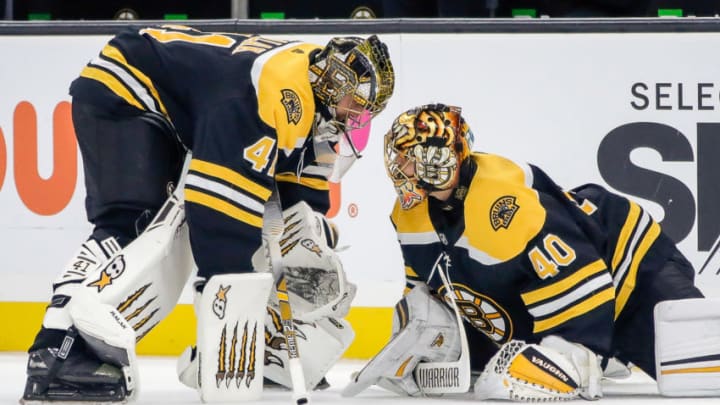 BOSTON, MA - OCTOBER 14: Boston Bruins goaltender Jaroslav Halak (41) and Boston Bruins goaltender Tuukka Rask (40) talk during warmups prior to the Anaheim Ducks and Boston Bruins NHL game on October 14, 2019, at TD Garden in Boston, MA. (Photo by John Crouch/Icon Sportswire via Getty Images)