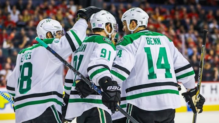 Nov 10, 2016; Calgary, Alberta, CAN; Dallas Stars left wing Jamie Benn (14) celebrates his goal with teammates against the Calgary Flames during the third period at Scotiabank Saddledome. Dallas Stars won 4-2. Mandatory Credit: Sergei Belski-USA TODAY Sports