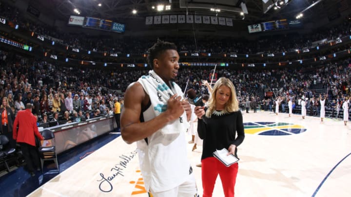 SALT LAKE CITY, UT - DECEMBER 1: Donovan Mitchell #45 of the Utah Jazz talks with media after the game against the New Orleans Pelicans on December 1, 2017 at vivint.SmartHome Arena in Salt Lake City, Utah. NOTE TO USER: User expressly acknowledges and agrees that, by downloading and or using this Photograph, User is consenting to the terms and conditions of the Getty Images License Agreement. Mandatory Copyright Notice: Copyright 2017 NBAE (Photo by Melissa Majchrzak/NBAE via Getty Images)