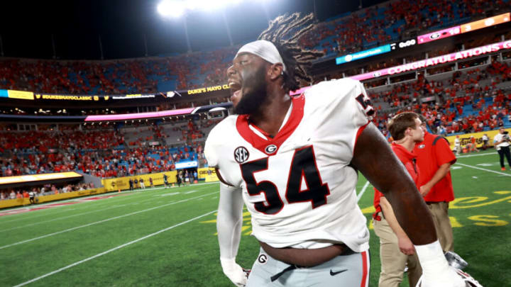 CHARLOTTE, NORTH CAROLINA - SEPTEMBER 04: Justin Shaffer #54 of the Georgia Bulldogs celebrates their win against the Clemson Tigers in the Duke's Mayo Classic at Bank of America Stadium on September 04, 2021 in Charlotte, North Carolina. (Photo by Grant Halverson/Getty Images)