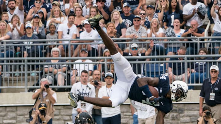 UNIVERSITY PARK, PA - SEPTEMBER 01: Penn State Nittany Lions Wide Receiver Juwan Johnson (84) makes a catch with Appalachian State Mountaineers Defensive Back Clifton Duck (4) defending during the second half of a College Football game between the Appalachian State Mountaineers and the Penn State Nittany Lions on September 1, 2018, at Beaver Stadium, University Park, PA(Photo by Gregory Fisher/Icon Sportswire via Getty Images)