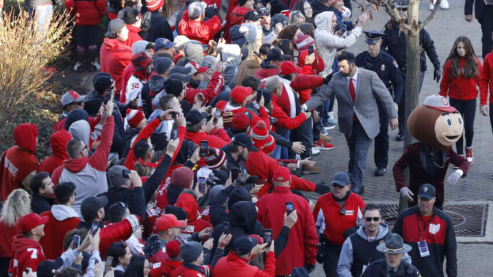 Nov 26, 2022; Columbus, Ohio, USA; Ohio State Buckeyes head coach Ryan Day greets the fans before the game against the Michigan Wolverines at Ohio Stadium. Mandatory Credit: Joseph Maiorana-USA TODAY Sports