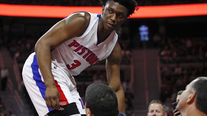 Apr 12, 2016; Auburn Hills, MI, USA; Detroit Pistons forward Stanley Johnson (3) stands on the first row of seats during the fourth quarter against the Miami Heat at The Palace of Auburn Hills. Heat win 99-93. Mandatory Credit: Raj Mehta-USA TODAY Sports
