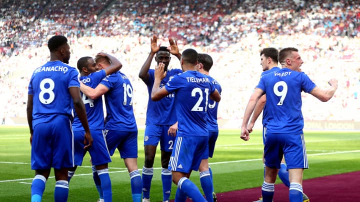 LONDON, ENGLAND - APRIL 20: Harvey Barnes of Leicester City celebrates with teammates after scoring his team's second goal during the Premier League match between West Ham United and Leicester City at London Stadium on April 20, 2019 in London, United Kingdom. (Photo by Jordan Mansfield/Getty Images)