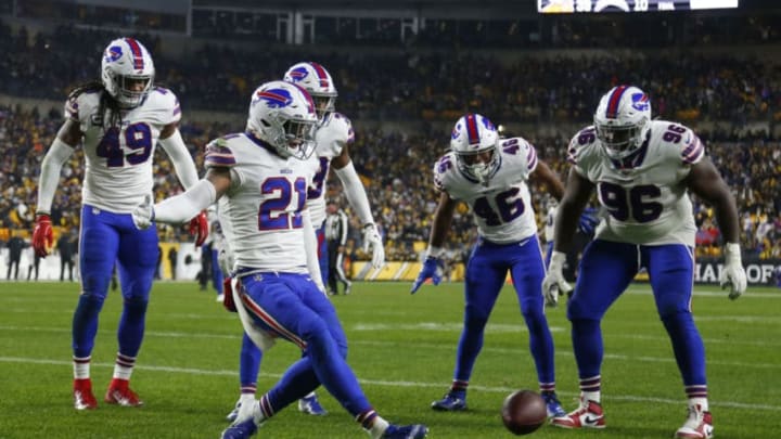 PITTSBURGH, PA - DECEMBER 15: Jordan Poyer #21 of the Buffalo Bills celebrates after an interception in the fourth quarter against the Pittsburgh Steelers on December 15, 2019 at Heinz Field in Pittsburgh, Pennsylvania. (Photo by Justin K. Aller/Getty Images)