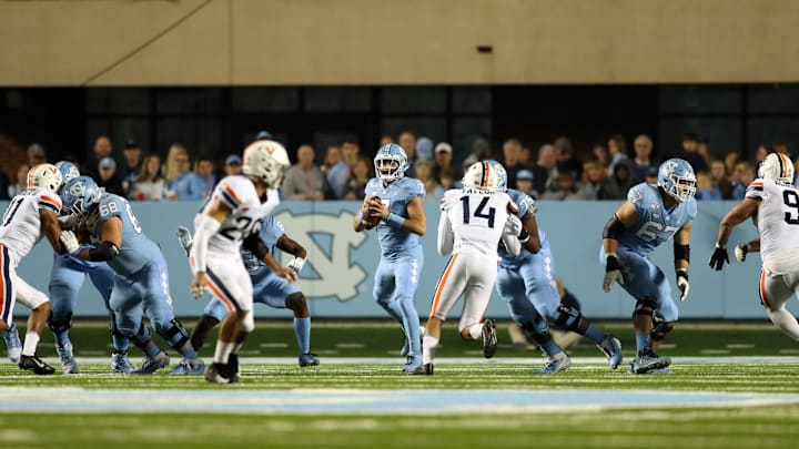 CHAPEL HILL, NC – NOVEMBER 02: Sam Howell #7 of the University of North Carolina drops back to pass during a game between University of Virginia and University of North Carolina at Kenan Memorial Stadium on November 02, 2019 in Chapel Hill, North Carolina. (Photo by Andy Mead/ISI Photos/Getty Images)