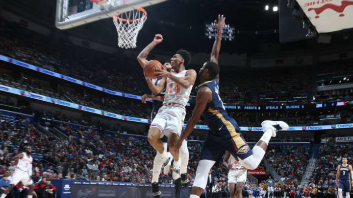 NEW ORLEANS, LA - NOVEMBER 16: Allonzo Trier #14 of the New York Knicks shoots the ball against the New Orleans Pelicans on November 16, 2018 at the Smoothie King Center in New Orleans, Louisiana. NOTE TO USER: User expressly acknowledges and agrees that, by downloading and or using this Photograph, user is consenting to the terms and conditions of the Getty Images License Agreement. Mandatory Copyright Notice: Copyright 2018 NBAE (Photo by Layne Murdoch Jr./NBAE via Getty Images)