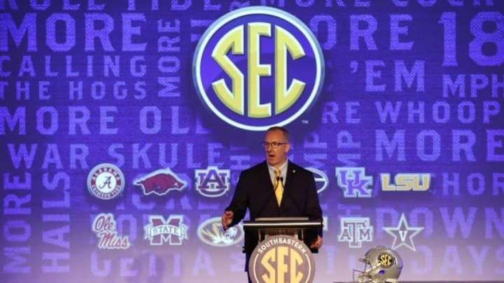 Jul 11, 2016; Hoover, AL, USA; Southeastern Conference commissioner Greg Sankey speaks during SEC media day at Hyatt Regency Birmingham-The Wynfrey Hotel. Mandatory Credit: Butch Dill-USA TODAY Sports