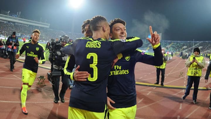 SOFIA, BULGARIA - NOVEMBER 01: (R) Mesut Ozil celebrates scoring the 3rd Arsenal goal with Kieran Gibbs during the UEFA Champions League match between PFC Ludogorets Razgrad and Arsenal FC at Vasil Levski National Stadium on November 1, 2016 in Sofia, Bulgaria. (Photo by Stuart MacFarlane/Arsenal FC via Getty Images)