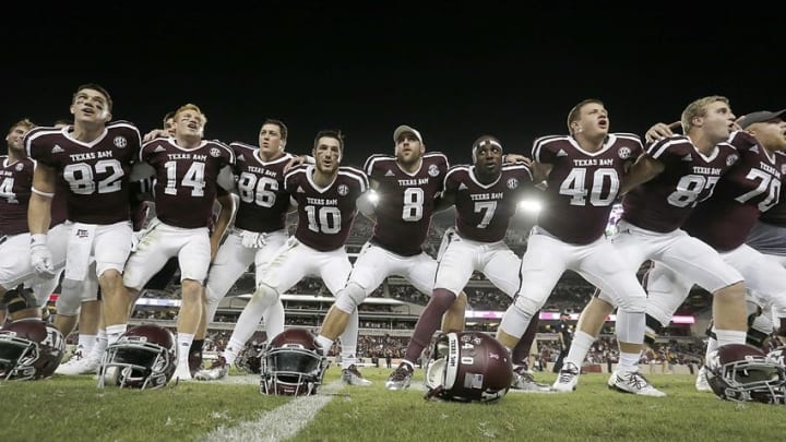 Oct 29, 2016; College Station, TX, USA; Texas A&M Aggies players celebrate the win over the New Mexico State Aggies at Kyle Field. Texas A&M Aggies won 52-10. Mandatory Credit: Thomas B. Shea-USA TODAY Sports