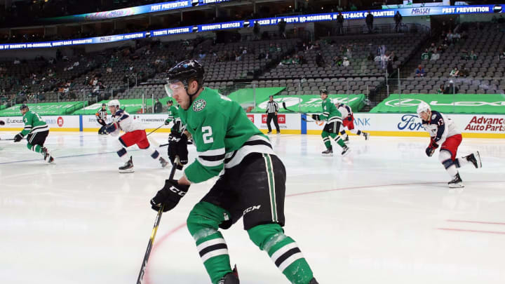 DALLAS, TEXAS – MARCH 04: Jamie Oleksiak #2 of the Dallas Stars in the second period at American Airlines Center on March 04, 2021 in Dallas, Texas. (Photo by Ronald Martinez/Getty Images)