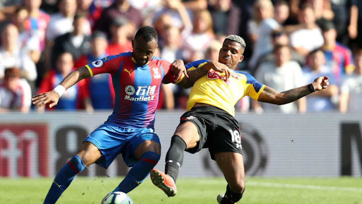 LONDON, ENGLAND - SEPTEMBER 01: Jordan Ayew of Crystal Palace is tackled by Mario Lemina of Southampton during the Premier League match between Crystal Palace and Southampton FC at Selhurst Park on September 1, 2018 in London, United Kingdom. (Photo by Christopher Lee/Getty Images)
