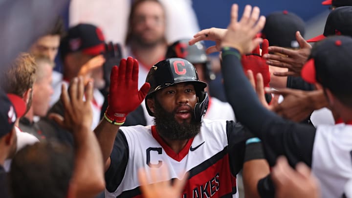 SOUTH WILLIAMSPORT, PENNSYLVANIA – AUGUST 22: Amed Rosario #1 of the Cleveland Indians celebrates his home run in the dugout against the Los Angeles Angels during the first inning in the 2021 Little League Classic at Bowman Field on August 22, 2021 in South Williamsport, Pennsylvania. (Photo by Patrick Smith/Getty Images)