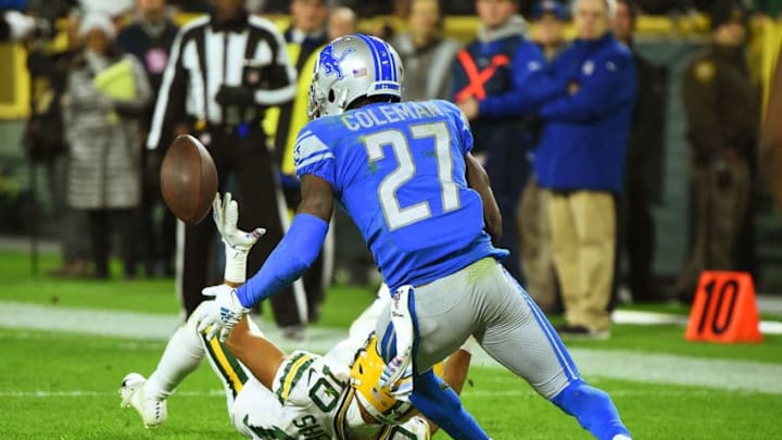 GREEN BAY, WISCONSIN - OCTOBER 14: Justin Coleman #27 of the Detroit Lions intercepts a pass intended for Darrius Shepherd #10 of the Green Bay Packers during the second half at Lambeau Field on October 14, 2019 in Green Bay, Wisconsin. (Photo by Stacy Revere/Getty Images)
