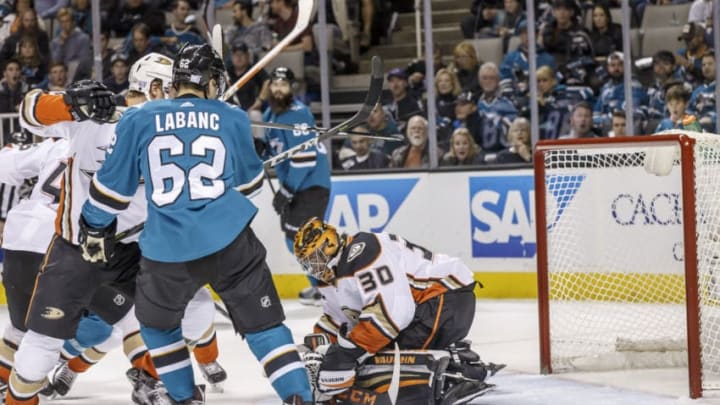 SAN JOSE, CA - NOVEMBER 04: Anaheim Ducks goalie Ryan Miller (30) traps the puck in front of the net during the first period of the regular season game between the San Jose Sharks and the Anaheim Ducks held November 4, 2017 at the SAP Center in San Jose, CA. Final score: Sharks 2, Ducks- 1 after a shootout. (Photo by Allan Hamilton/Icon Sportswire via Getty Images)