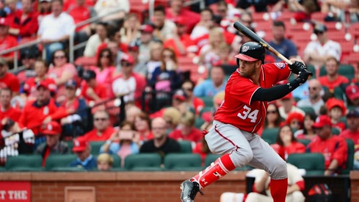 Apr 30, 2016; St. Louis, MO, USA; Washington Nationals right fielder Bryce Harper (34) bats during the fifth inning against the St. Louis Cardinals at Busch Stadium. The Nationals won 6-1. Mandatory Credit: Jeff Curry-USA TODAY Sports